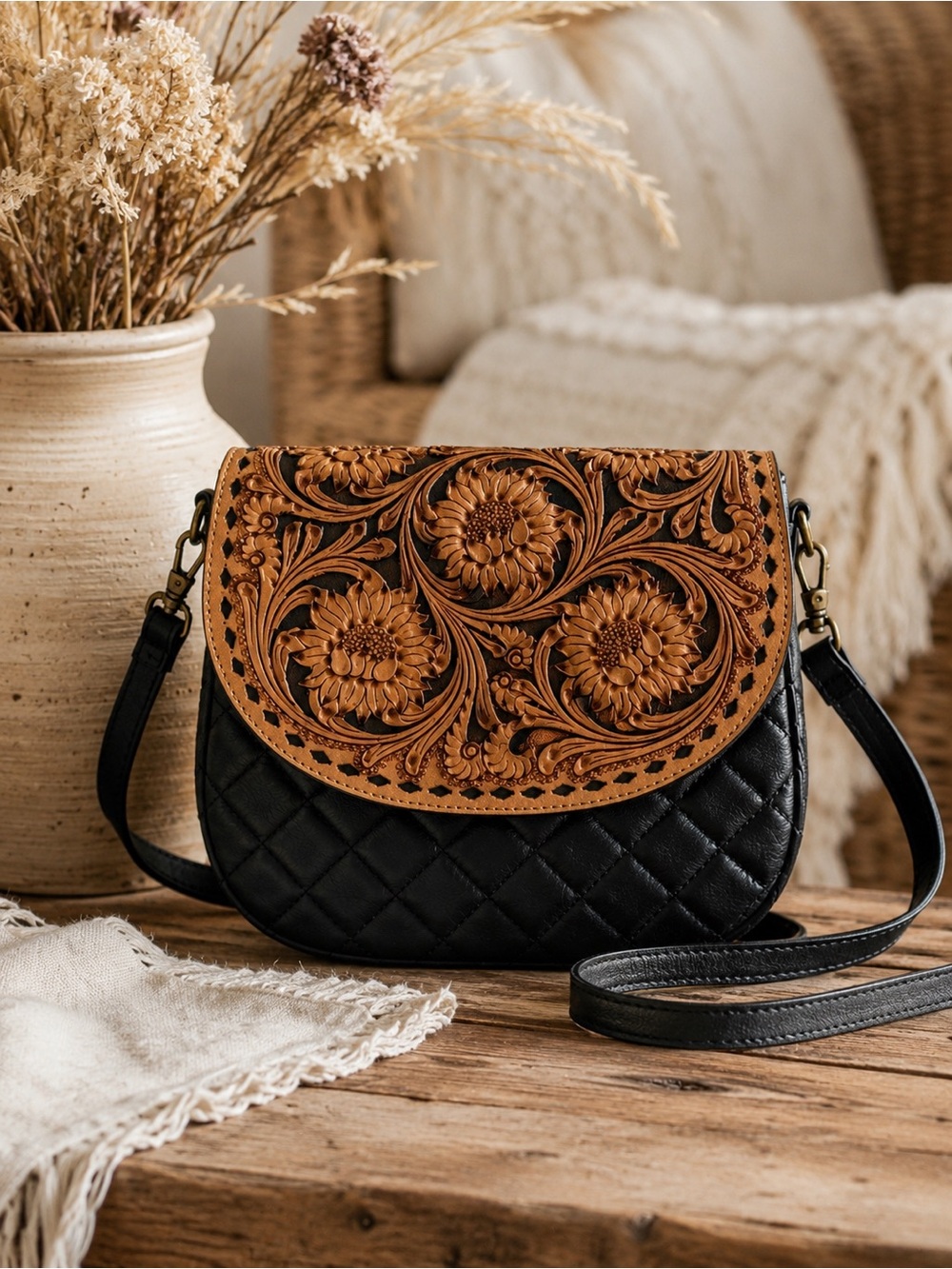 NEW Vintage Style Hand Tooled Leather Floral Saddle Bag Boho Western Crossbody